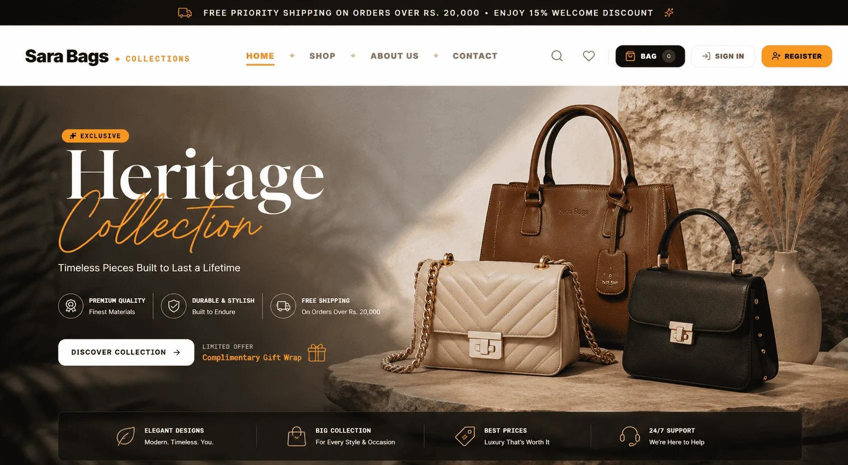 Sara Bags – Luxury Handbag E-Commerce Website & Online Store